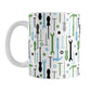 Green Blue Tools Pattern Mug (11oz) at Amy's Coffee Mugs. A ceramic coffee mug with a modern style pattern of tools in green, blue, black, and gray over white that wraps around the mug to the handle. Perfect for any handyman or contractor. 