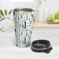 Green Blue Tools Pattern Travel Mug (15oz) at Amy's Coffee Mugs. A stainless steel insulated travel mug with a modern style pattern of tools in green, blue, black, and gray over white that wraps around the mug. Perfect for any handyman or contractor. 