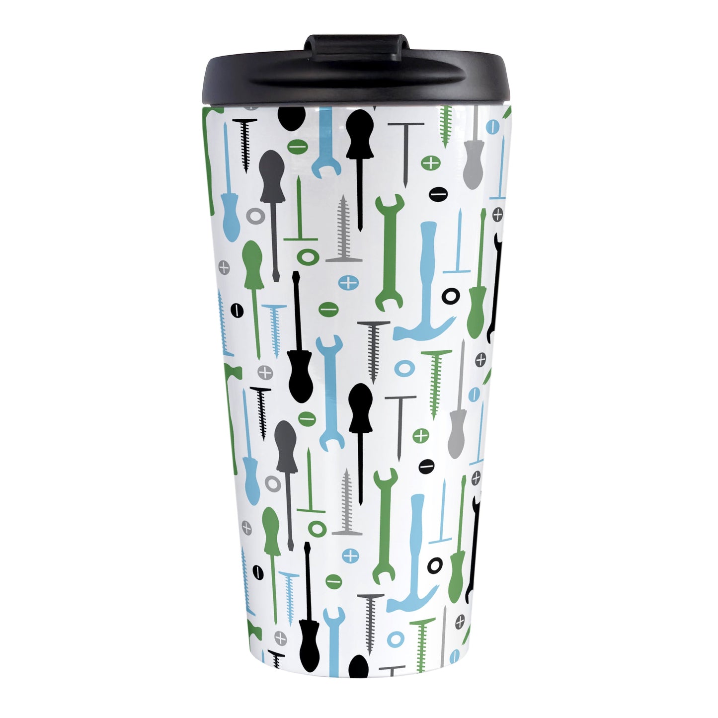 Green Blue Tools Pattern Travel Mug (15oz) at Amy's Coffee Mugs. A stainless steel insulated travel mug with a modern style pattern of tools in green, blue, black, and gray over white that wraps around the mug. Perfect for any handyman or contractor. 