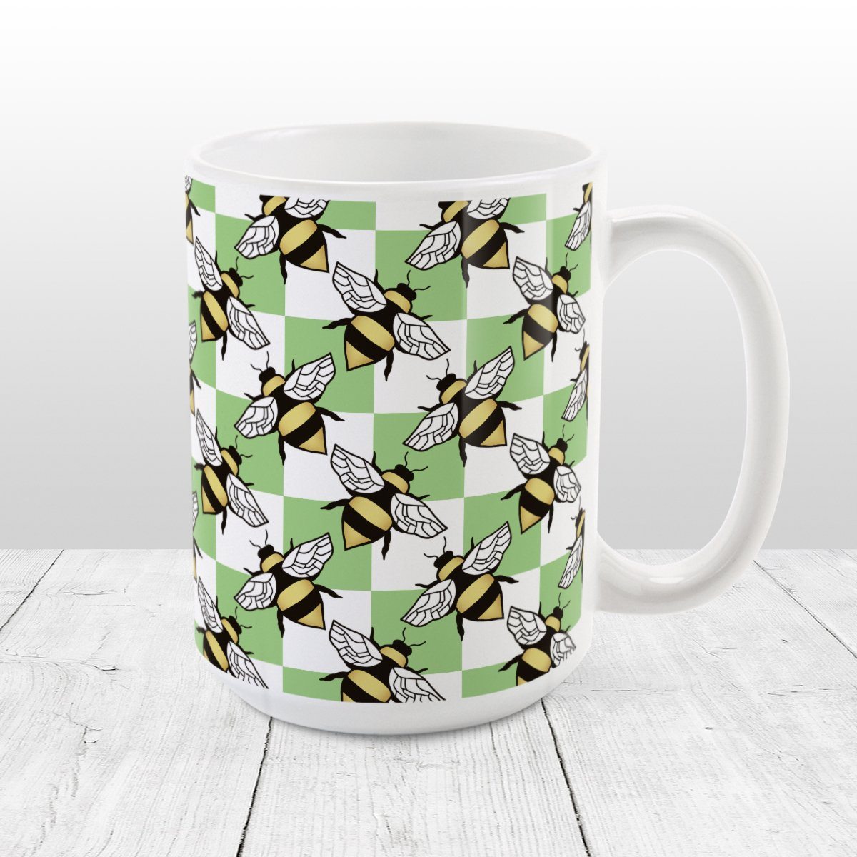 Green Checkered Bee Mug (15oz) at Amy's Coffee Mugs