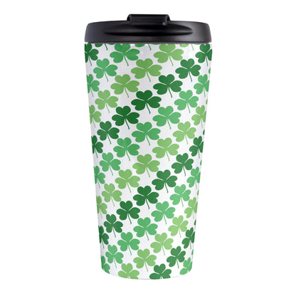 Green Clovers Travel Mug (15oz, stainless steel insulated) at Amy's Coffee Mugs. A travel mug designed with a pattern of clovers (shamrocks) in three different shades of green that wraps around the travel mug.