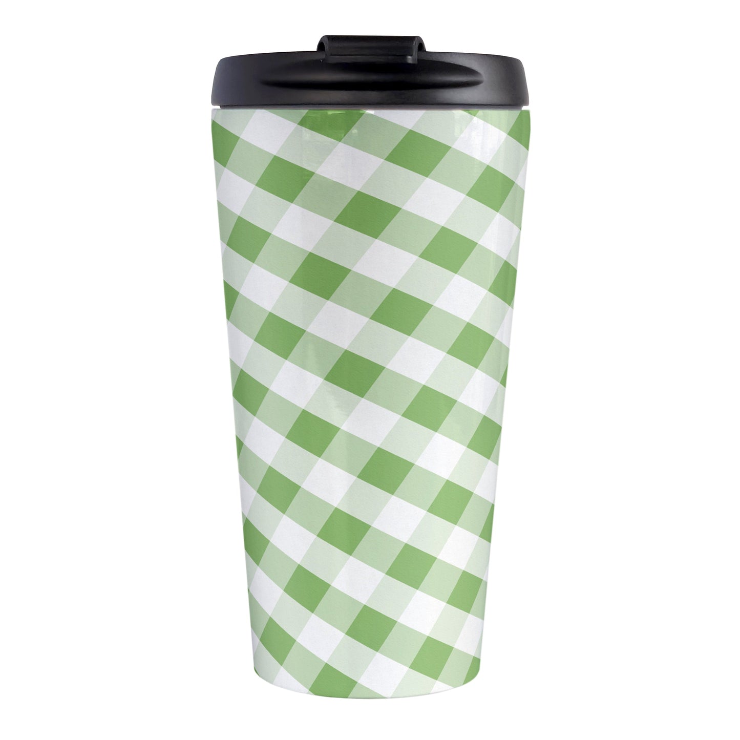 Green Gingham Travel Mug (15oz, stainless steel insulated) at Amy's Coffee Mugs. A travel mug designed with a slanted green and white gingham pattern that wraps around the travel mug.