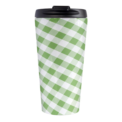 Green Gingham Travel Mug (15oz, stainless steel insulated) at Amy's Coffee Mugs