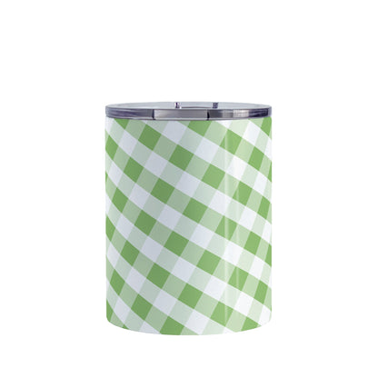 Green Gingham Tumbler Cup (10oz, stainless steel insulated) at Amy's Coffee Mugs. A tumbler cup designed with a slanted green and white gingham pattern that wraps around the cup.