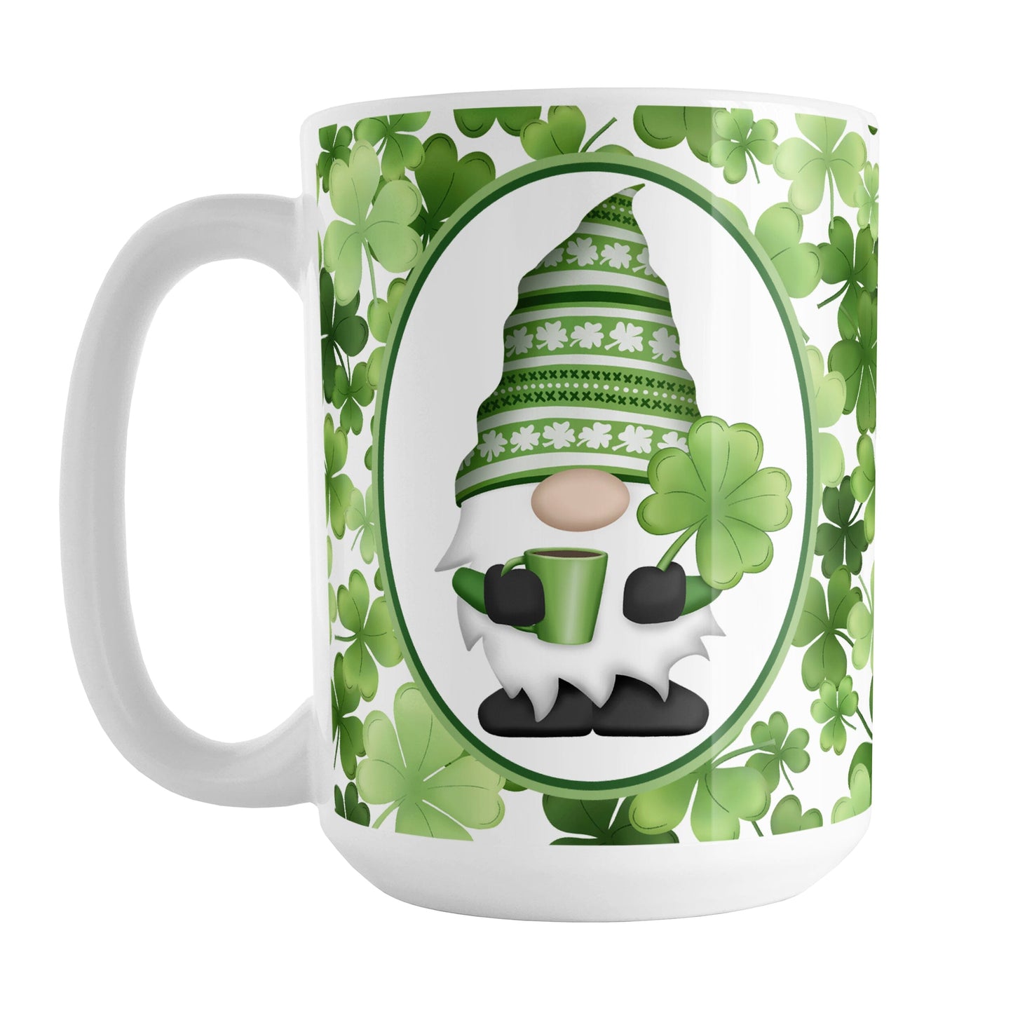 Green Gnome Shamrocks Mug (15oz) at Amy's Coffee Mugs. A ceramic coffee mug designed with an adorable green hat gnome holding a 4-leaf clover and a hot beverage in a white oval over a pattern of green shamrocks in different shades of green that wrap around the mug to the handle.