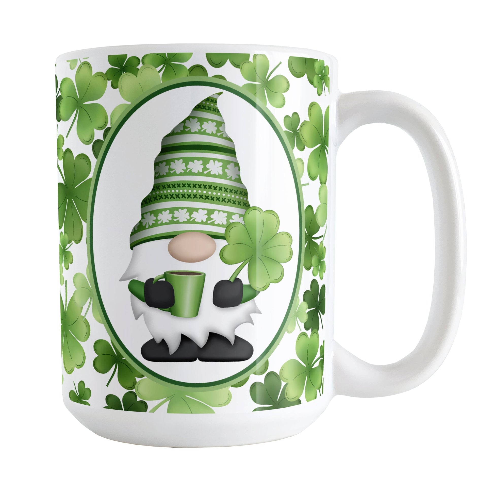 Green Gnome Shamrocks Mug (15oz) at Amy's Coffee Mugs. A ceramic coffee mug designed with an adorable green hat gnome holding a 4-leaf clover and a hot beverage in a white oval over a pattern of green shamrocks in different shades of green that wrap around the mug to the handle.