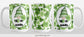 Green Gnome Shamrocks Mug (15oz) at Amy's Coffee Mugs. A ceramic coffee mug designed with an adorable green hat gnome holding a 4-leaf clover and a hot beverage in a white oval over a pattern of green shamrocks in different shades of green that wrap around the mug to the handle. Photo shows 3 sides of the mug for a more complete view of the wraparound design.