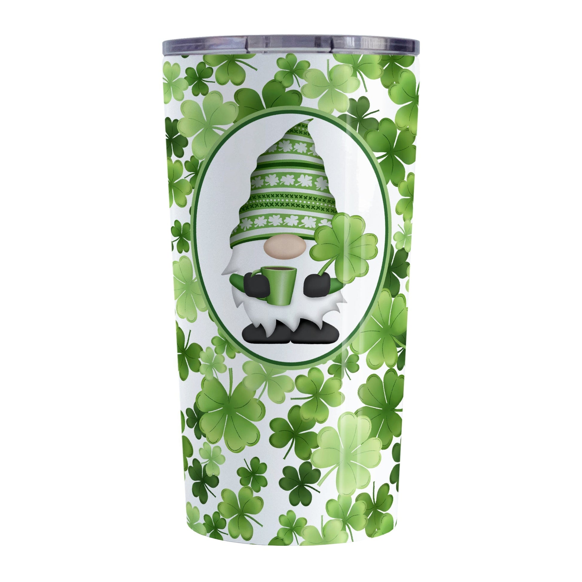 Green Gnome Shamrocks Tumbler Cup (20oz) at Amy's Coffee Mugs. A stainless steel tumbler cup designed with an adorable green hat gnome holding a 4-leaf clover and a hot beverage in a white oval over a pattern of green shamrocks in different shades of green that wrap around the cup.