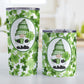 Green Gnome Shamrocks Tumbler Cup (20oz or 10oz) at Amy's Coffee Mugs. Stainless steel tumbler cups designed with an adorable green hat gnome holding a 4-leaf clover and a hot beverage in a white oval over a pattern of green shamrocks in different shades of green that wrap around the cups.