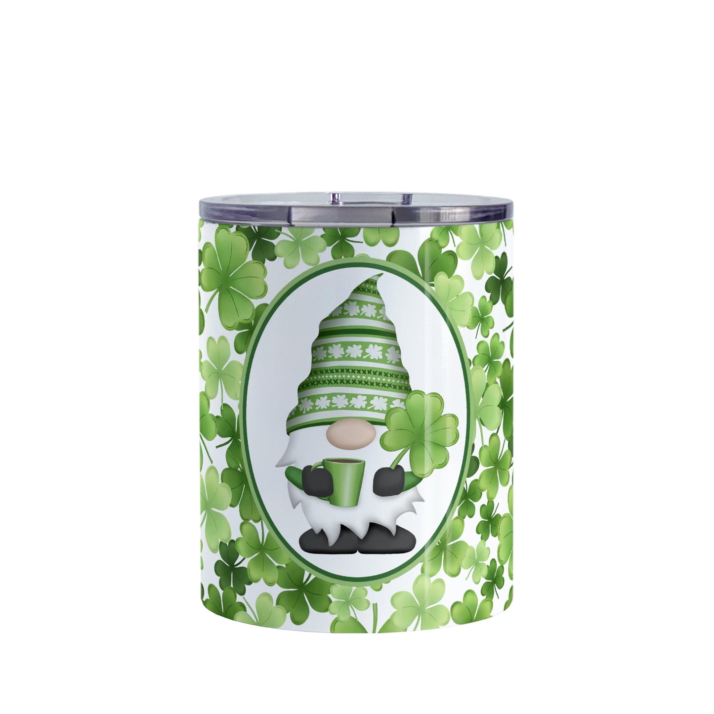 Green Gnome Shamrocks Tumbler Cup (10oz) at Amy's Coffee Mugs. A stainless steel tumbler cup designed with an adorable green hat gnome holding a 4-leaf clover and a hot beverage in a white oval over a pattern of green shamrocks in different shades of green that wrap around the cup.