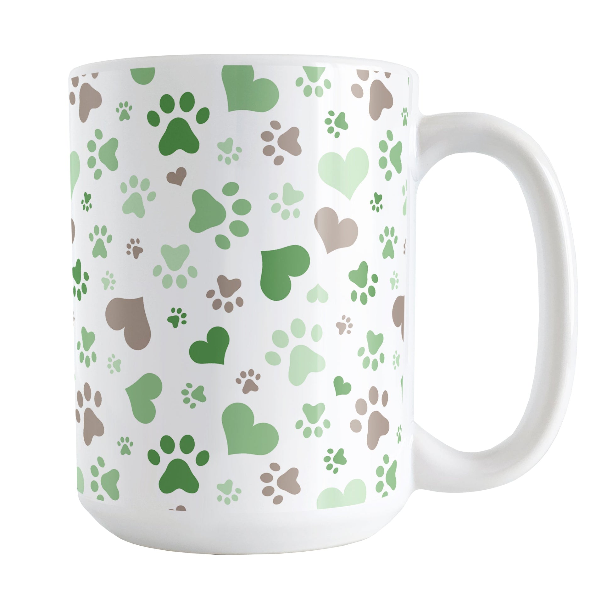 Green Hearts and Paw Prints Mug (15oz) at Amy's Coffee Mugs. A ceramic coffee mug designed with a pattern of hearts and paw prints in brown and different shades of green that wraps around the mug to the handle. This mug is perfect for people love dogs and cute paw print designs.