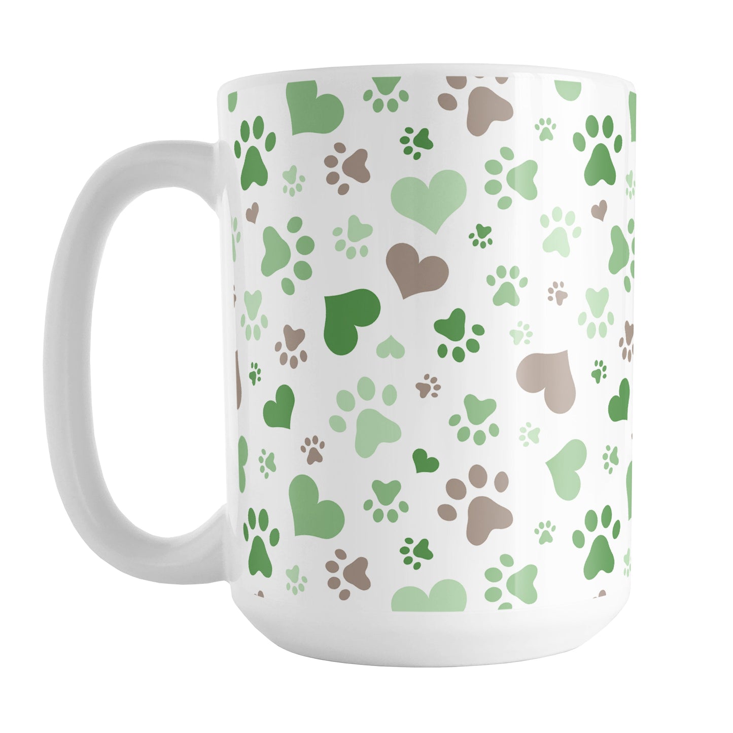 Green Hearts and Paw Prints Mug (15oz) at Amy's Coffee Mugs. A ceramic coffee mug designed with a pattern of hearts and paw prints in brown and different shades of green that wraps around the mug to the handle. This mug is perfect for people love dogs and cute paw print designs.