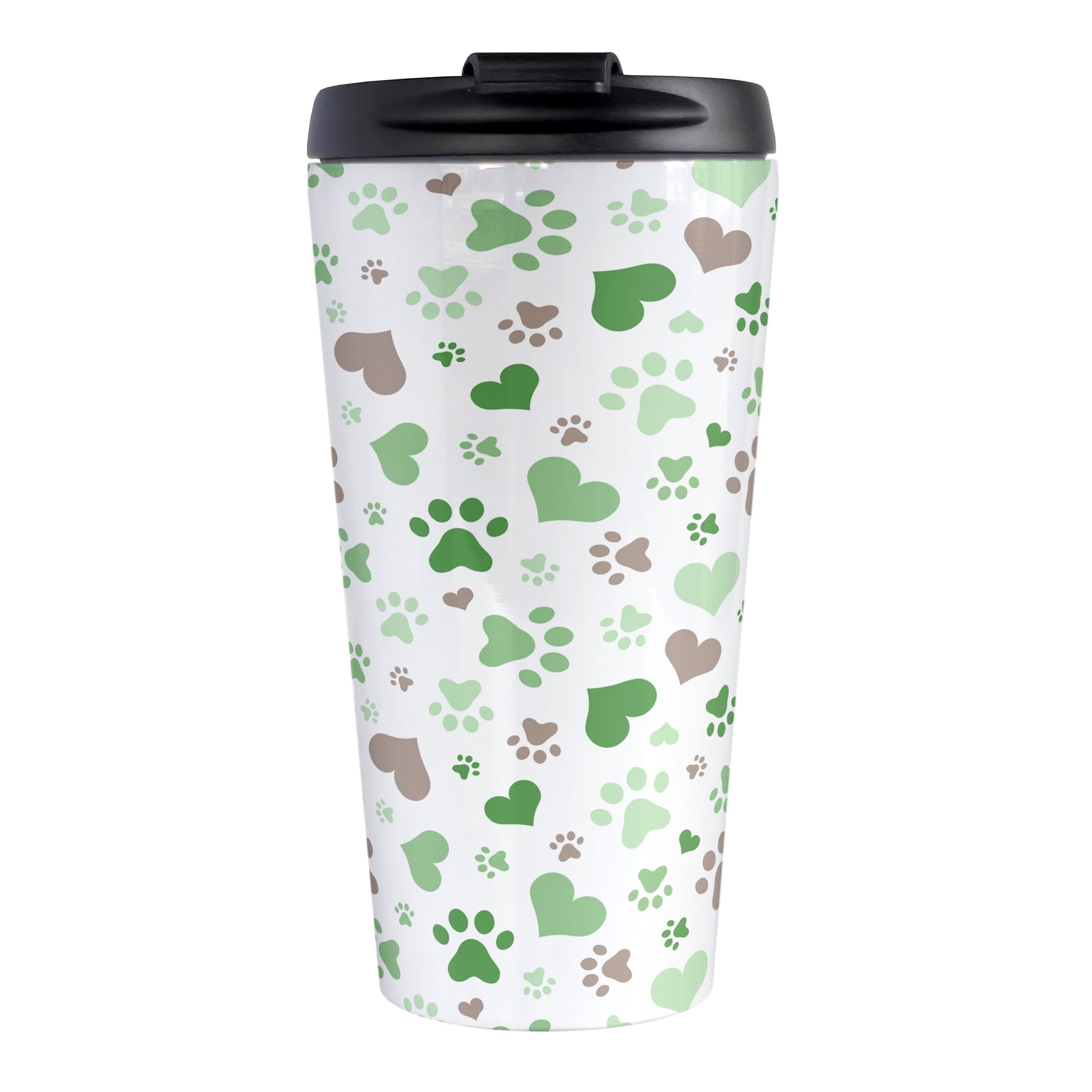 Green Hearts and Paw Prints Travel Mug (15oz) at Amy's Coffee Mugs. A stainless steel travel mug designed with a pattern of hearts and paw prints in brown and different shades of green that wraps around the mug. This travel mug is perfect for people love dogs and cute paw print designs.