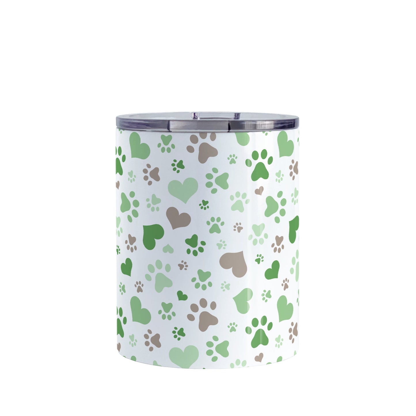 Green Hearts and Paw Prints Tumbler Cup (10oz) at Amy's Coffee Mugs. A stainless steel insulated tumbler cup designed with a pattern of hearts and paw prints in brown and different shades of green that wraps around the cup. This tumbler cup is perfect for people love dogs and cute paw print designs.
