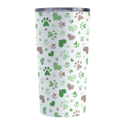 Green Hearts and Paw Prints Tumbler Cup (20oz) at Amy's Coffee Mugs. A stainless steel insulated tumbler cup designed with a pattern of hearts and paw prints in brown and different shades of green that wraps around the cup. This tumbler cup is perfect for people love dogs and cute paw print designs.