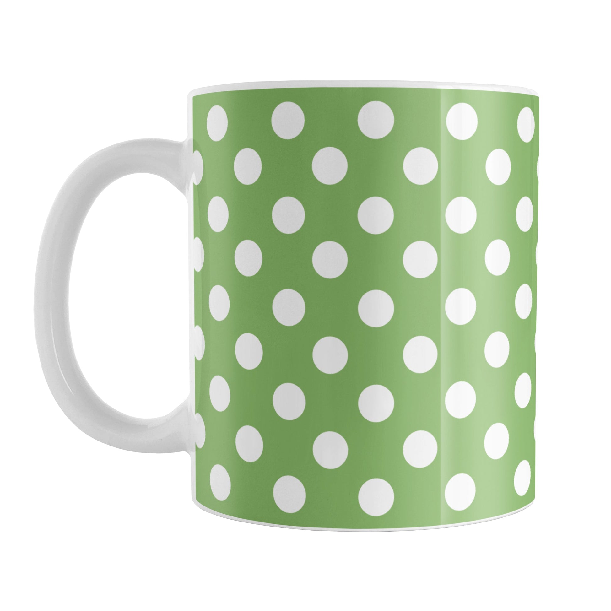 Green Polka Dot Mug (11oz) at Amy's Coffee Mugs. A ceramic coffee mug designed with a pattern of white polka dots over a green background color that wraps around the mug up to the handle.