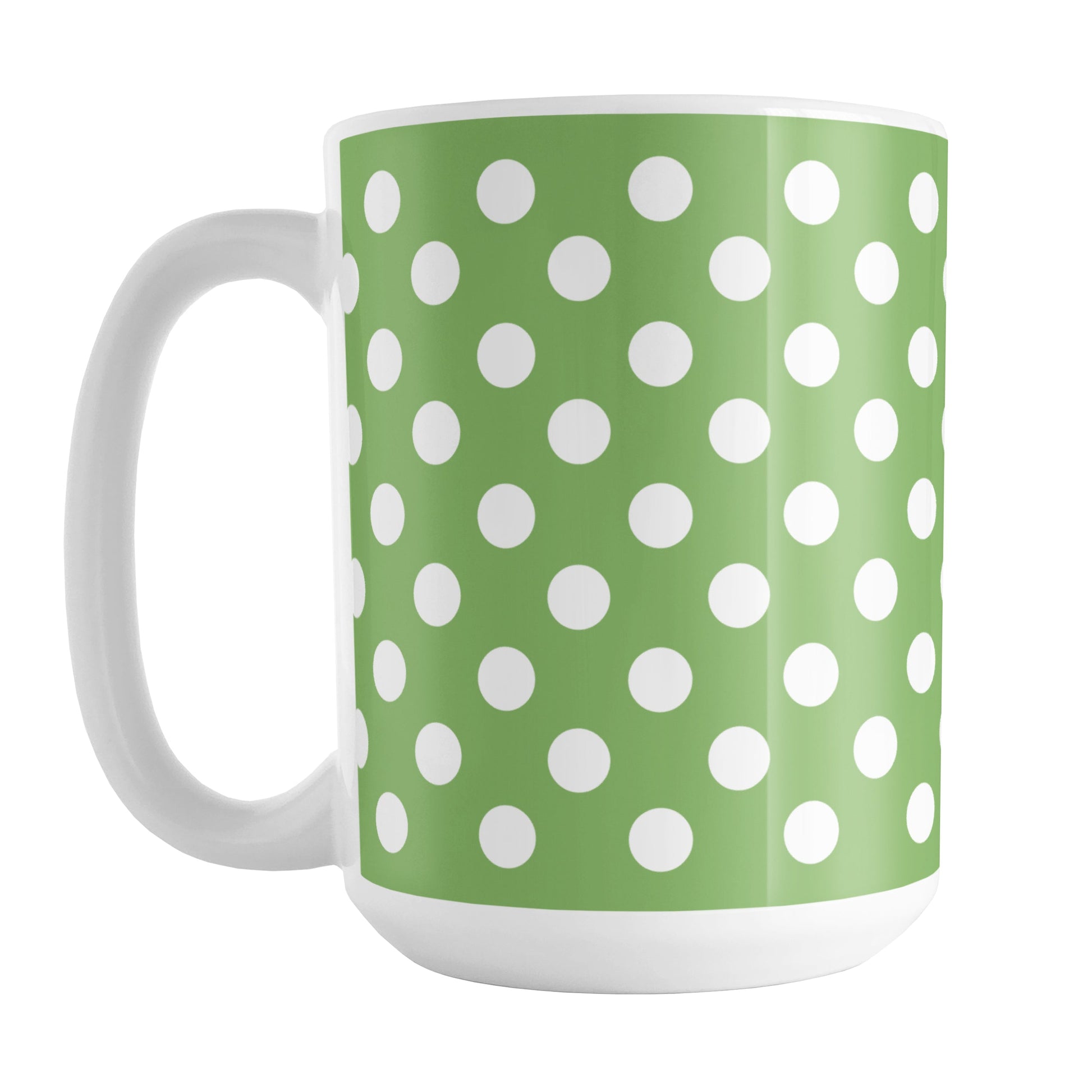 Green Polka Dot Mug (15oz) at Amy's Coffee Mugs. A ceramic coffee mug designed with a pattern of white polka dots over a green background color that wraps around the mug up to the handle.