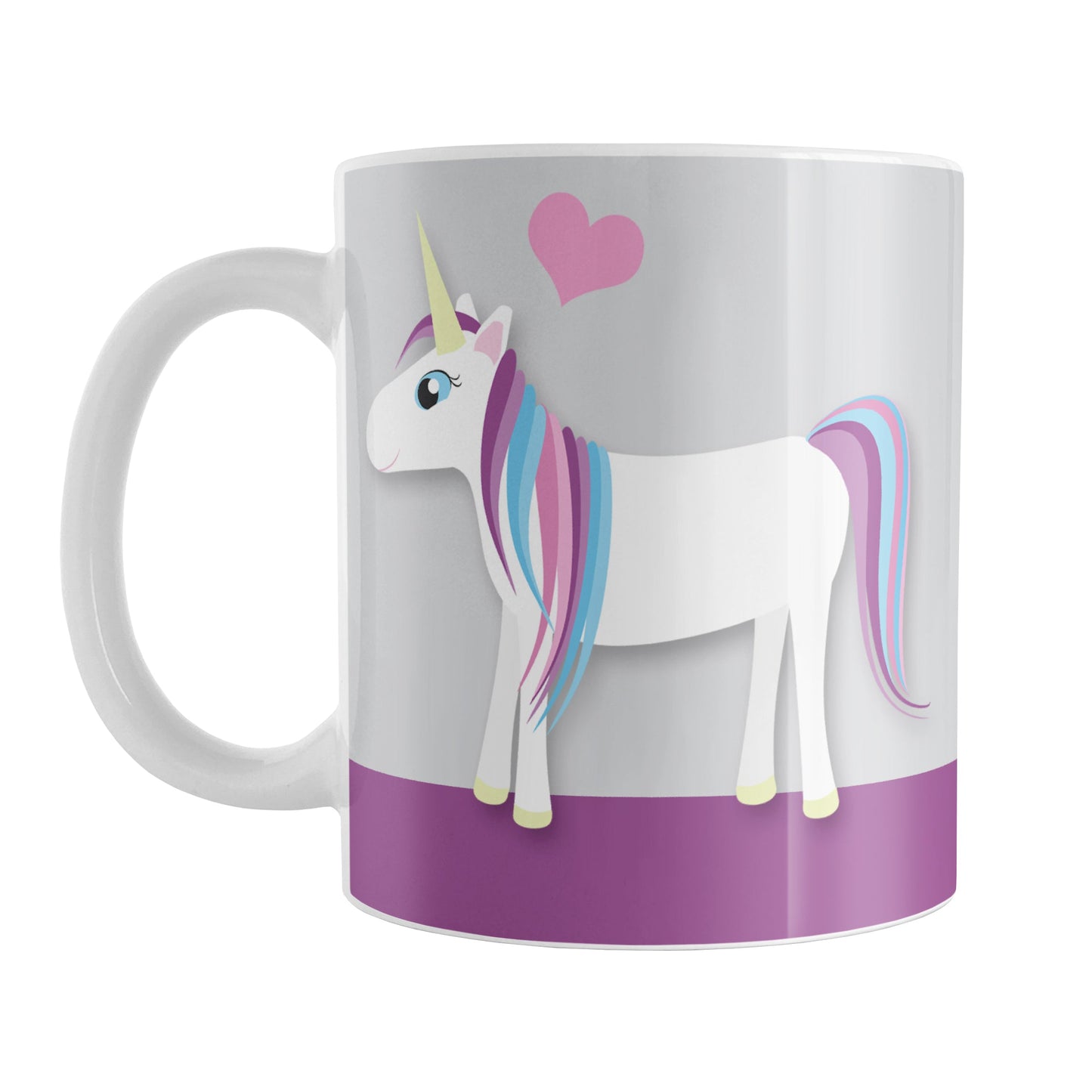 Happy Pink Heart Purple Unicorn Mug (11oz) at Amy's Coffee Mugs. A ceramic coffee mug designed with a happy unicorn with a pink, blue, and purple mane and a pink heart above it over purple and gray background that wraps around the mug up to the handle.