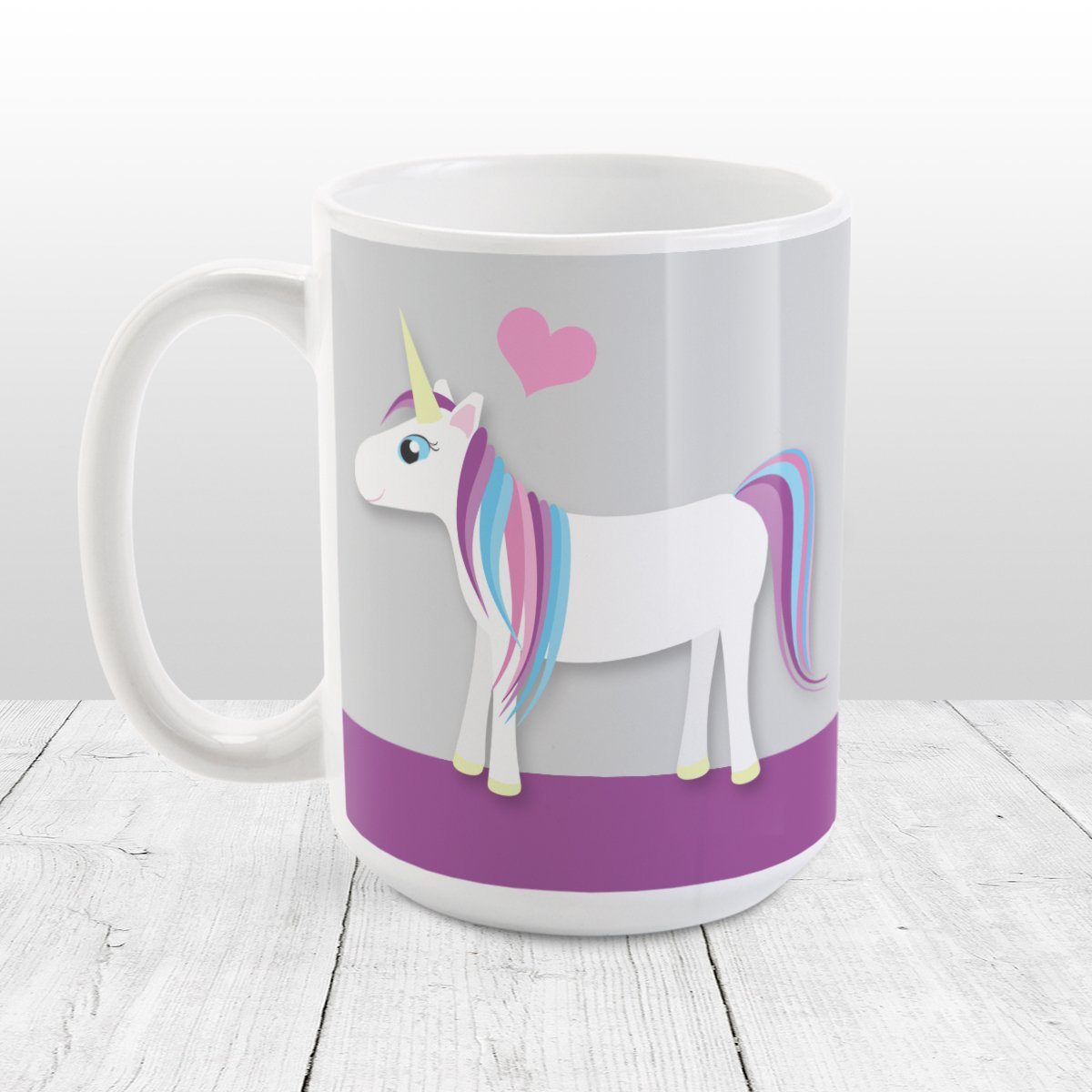 Happy Pink Heart Purple Unicorn Mug at Amy's Coffee Mugs