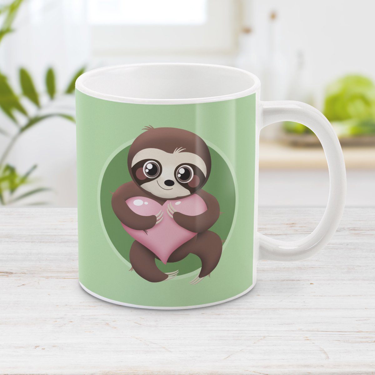 Happy Sloth Pink Heart Green - Cute Sloth Mug at Amy's Coffee Mugs