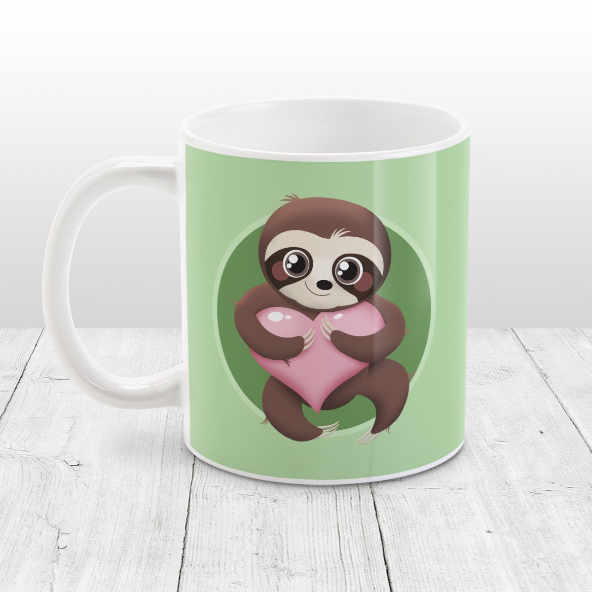 Happy Sloth Pink Heart Green - Cute Sloth Mug at Amy's Coffee Mugs