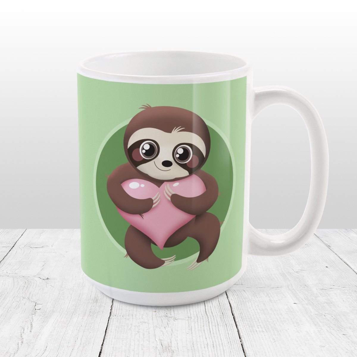 Happy Sloth Pink Heart Green - Cute Sloth Mug at Amy's Coffee Mugs