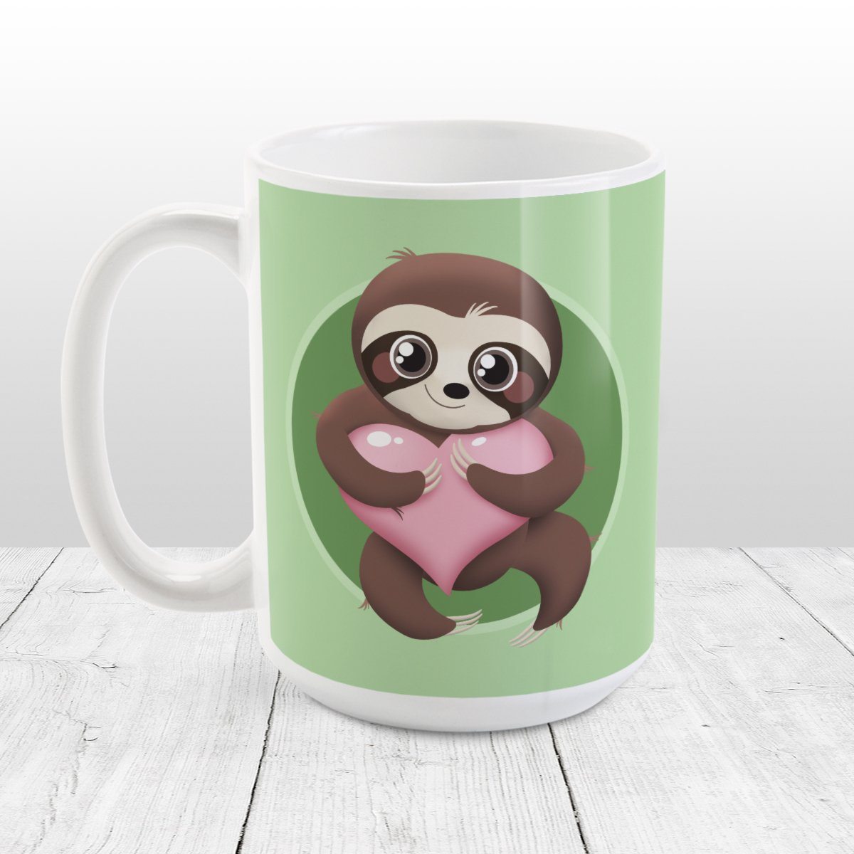 Happy Sloth Pink Heart Green - Cute Sloth Mug at Amy's Coffee Mugs