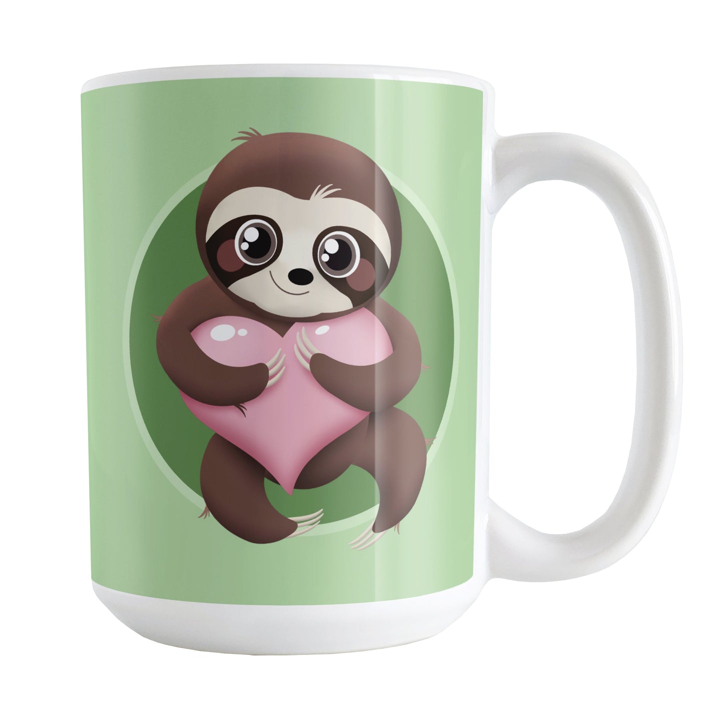 Happy Sloth Pink Heart Green Mug (15oz) at Amy's Coffee Mugs