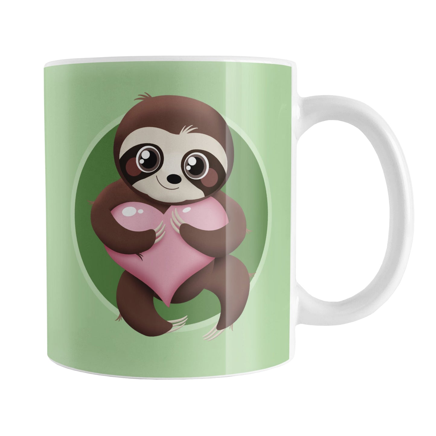 Happy Sloth Pink Heart Green Mug (11oz) at Amy's Coffee Mugs
