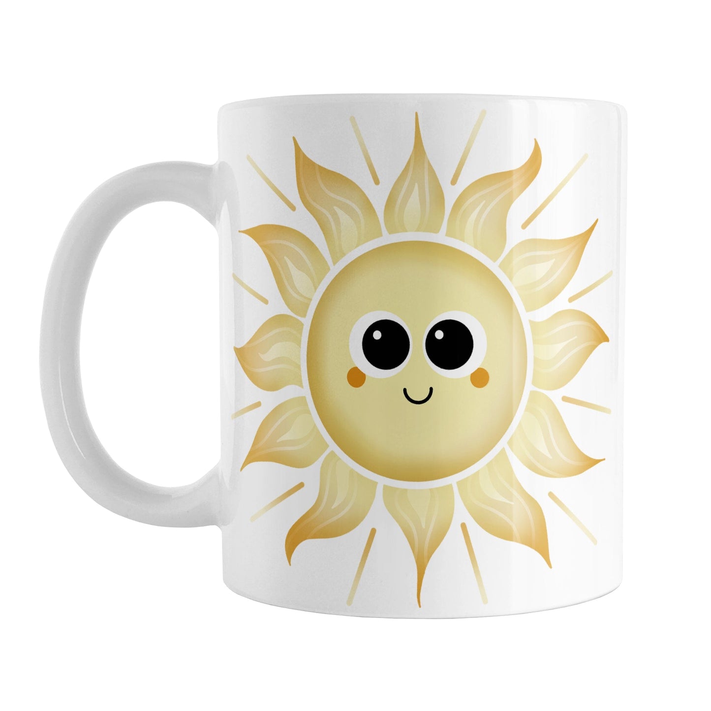 Happy Sun Mug (11oz) at Amy's Coffee Mugs. A ceramic coffee mug designed with a cute and happy yellow smiling sun on both sides of the mug. 