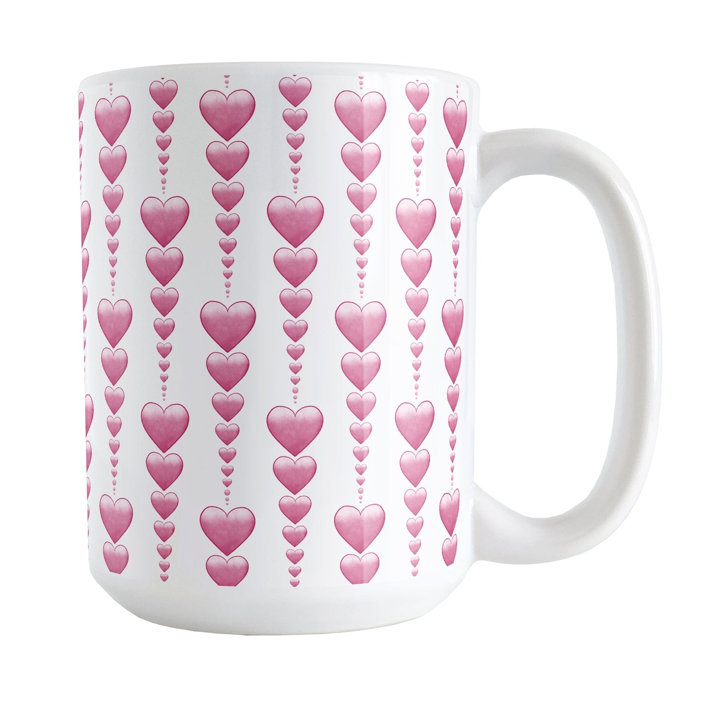 Heart Strings Mug (15oz) at Amy's Coffee Mugs. A ceramic coffee mug designed with strings of hearts descending in size in a pattern that wraps around the mug to the handle.