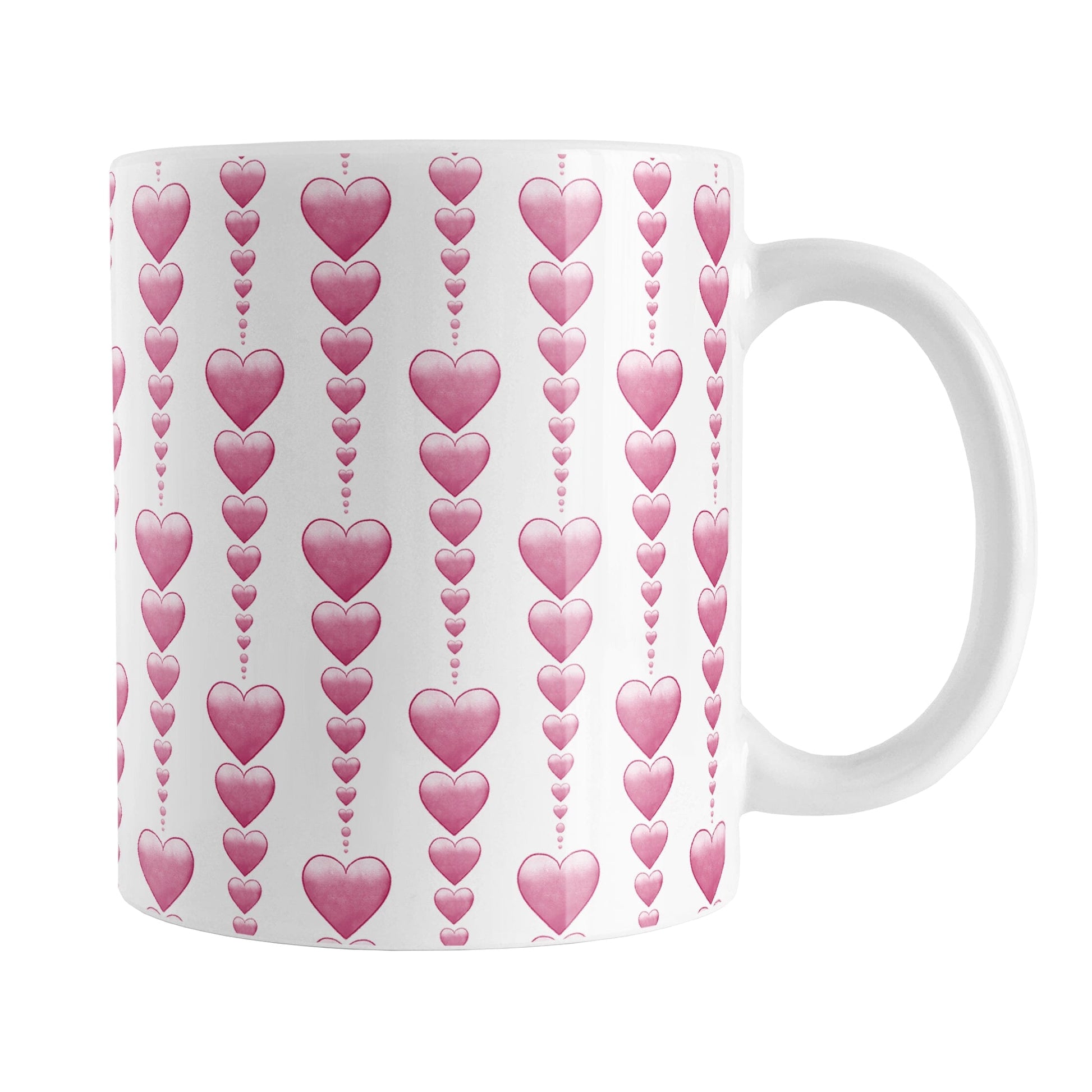 Heart Strings Mug (11oz) at Amy's Coffee Mugs. A ceramic coffee mug designed with strings of hearts descending in size in a pattern that wraps around the mug to the handle.