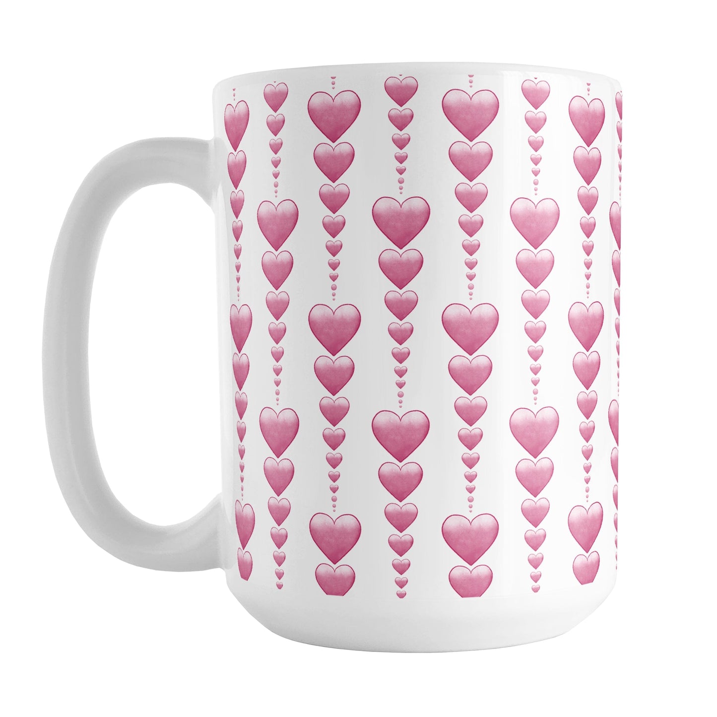 Heart Strings Mug (15oz) at Amy's Coffee Mugs. A ceramic coffee mug designed with strings of hearts descending in size in a pattern that wraps around the mug to the handle.