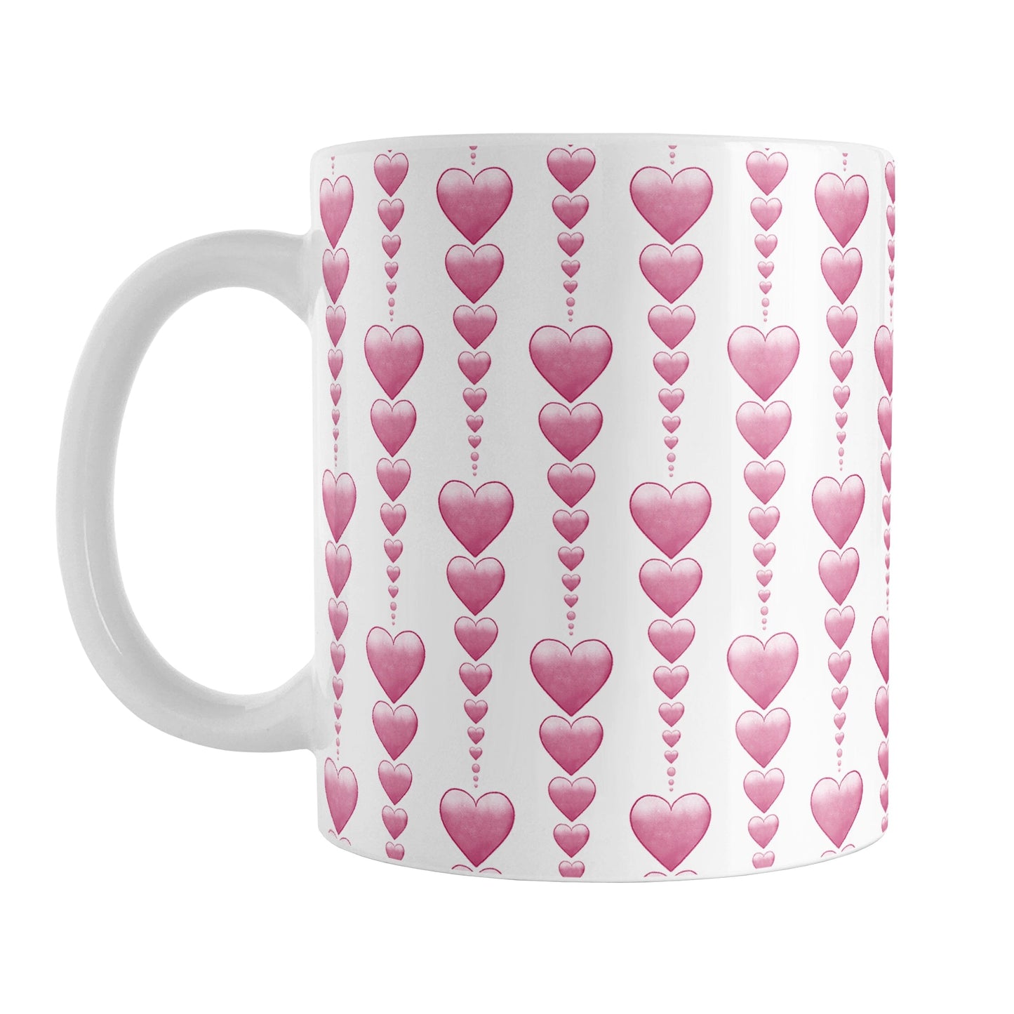 Heart Strings Mug (11oz) at Amy's Coffee Mugs. A ceramic coffee mug designed with strings of hearts descending in size in a pattern that wraps around the mug to the handle.