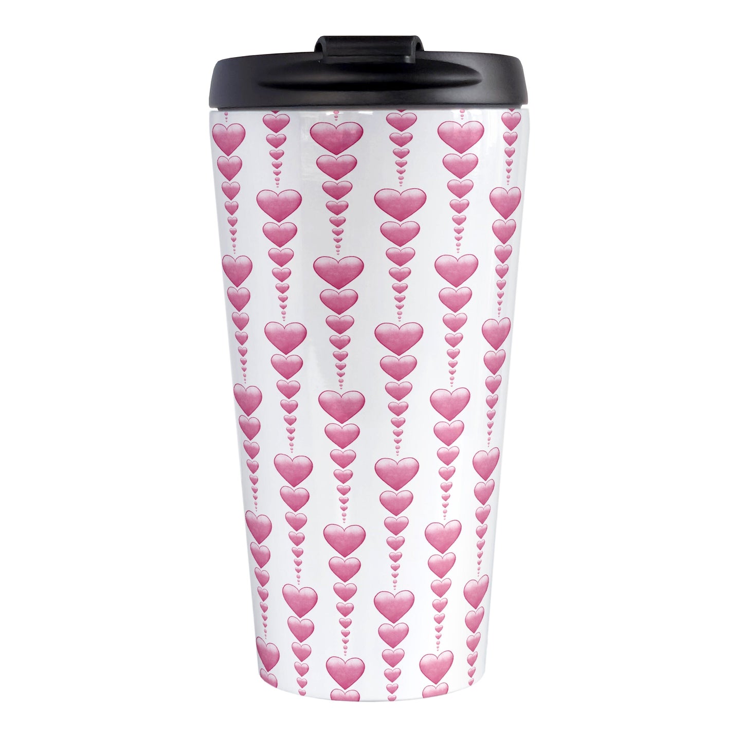 Heart Strings Travel Mug at Amy's Coffee Mugs. A stainless steel insulated travel mug designed with strings of pink hearts descending in size in a pattern that wraps around the mug.  