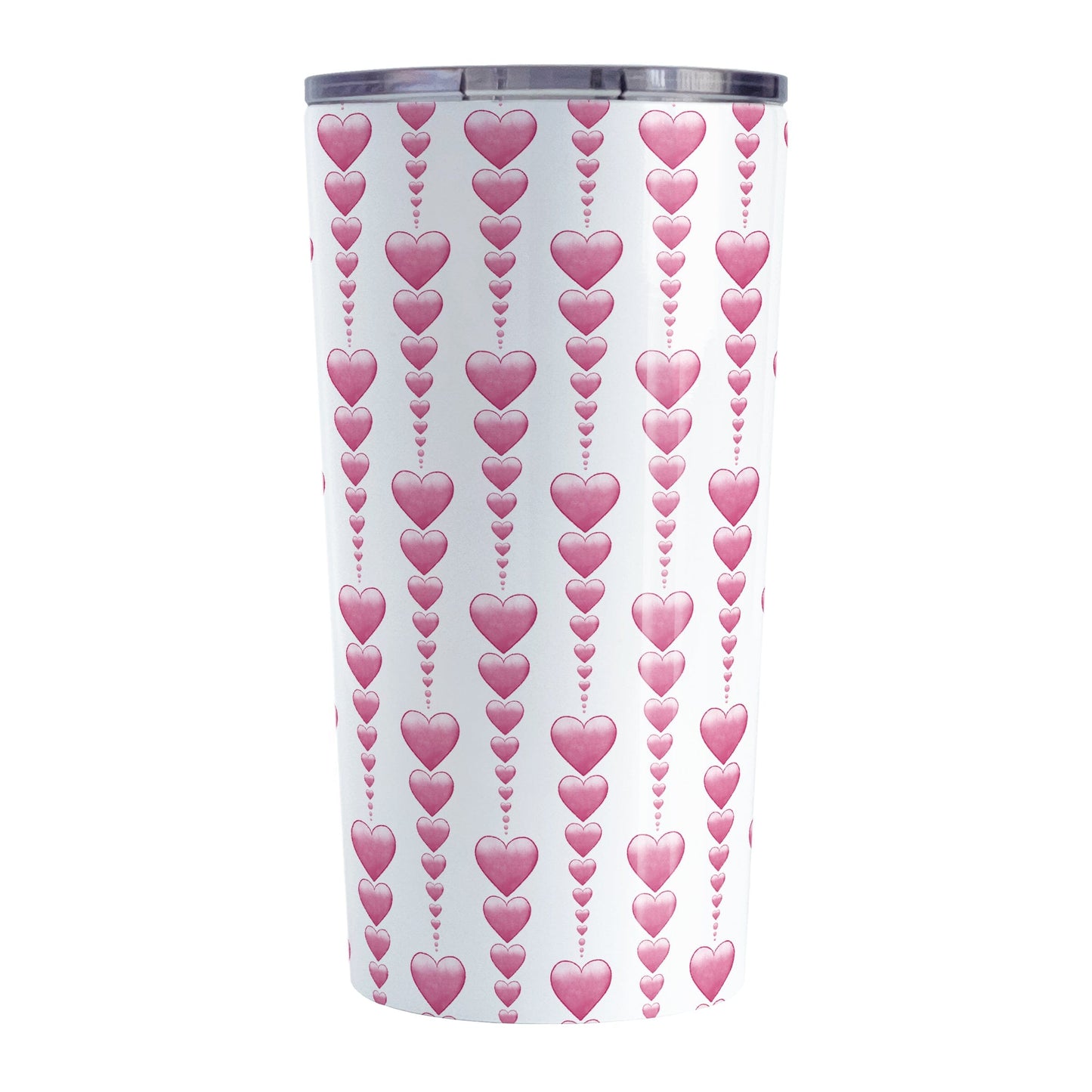 Heart Strings Tumbler Cup (20oz) at Amy's Coffee Mugs. A stainless steel insulated tumbler cup designed with strings of pink hearts descending in size in a pattern that wraps around the cup.