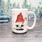 Holiday Candy Cane Gnome Mug (15oz) on a festive snowy tree background, from Amy's Coffee Mugs