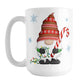 Holiday Candy Cane Gnome Mug (15oz) at Amy's Coffee Mugs. A ceramic coffee mug designed with a holiday gnome on both sides of the mug wearing a festive red and green snowflake hat and holding a large candy cane and a string of Christmas lights, with winter snowflakes around it.