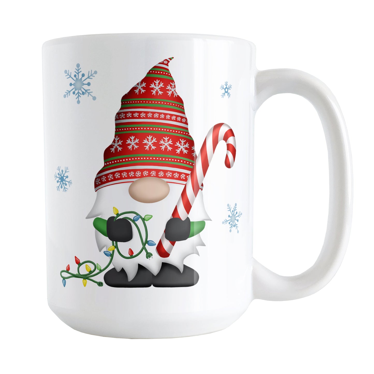 Holiday Candy Cane Gnome Mug (15oz) at Amy's Coffee Mugs. A ceramic coffee mug designed with a holiday gnome on both sides of the mug wearing a festive red and green snowflake hat and holding a large candy cane and a string of Christmas lights, with winter snowflakes around it.