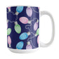 Holiday Lights Pattern Christmas Mug (15oz) at Amy's Coffee Mugs. A ceramic coffee mug designed with string of colorful holiday lights in pink, blue, green, and purple in a pattern over a navy blue background color that wraps around the mug up to the handle.