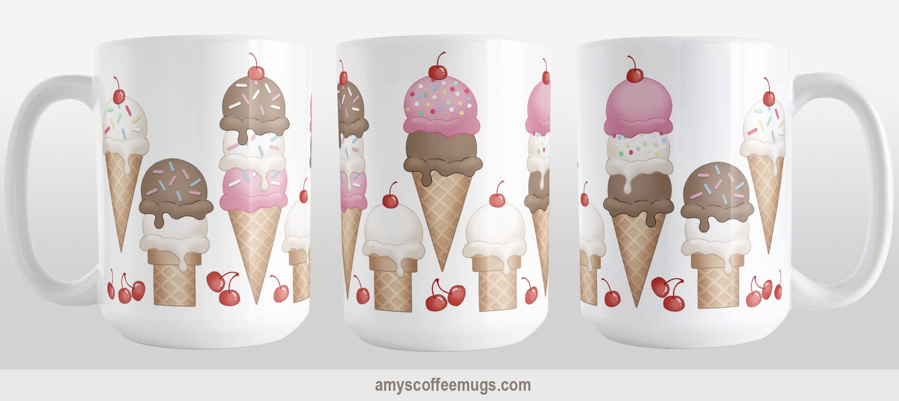 Ice Cream Cones and Cherries Mug (15oz) at Amy's Coffee Mugs. A ceramic coffee mug designed with hand-drawn ice cream cones with chocolate, vanilla, and strawberry scoops, sprinkles, and cherries. Image shows 3 views of the design around the mug.