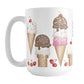 Ice Cream Cones and Cherries Mug (15oz) at Amy's Coffee Mugs. A ceramic coffee mug designed with hand-drawn ice cream cones with chocolate, vanilla, and strawberry scoops, sprinkles, and cherries. 