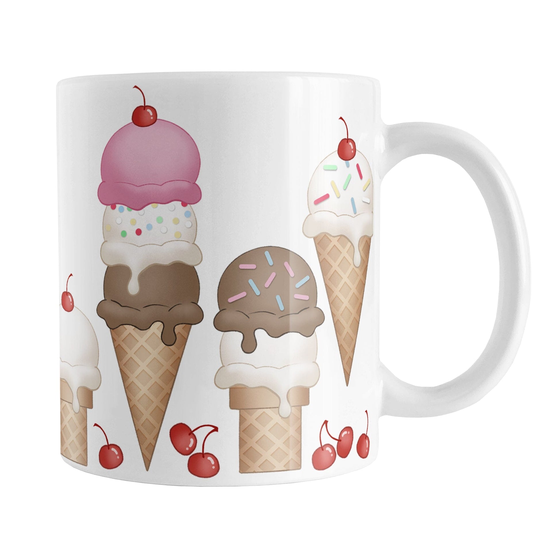 Ice Cream Cones and Cherries Mug (11oz) at Amy's Coffee Mugs. A ceramic coffee mug designed with hand-drawn ice cream cones with chocolate, vanilla, and strawberry scoops, sprinkles, and cherries. 