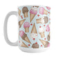 Ice Cream Cones Pattern Mug (15oz) at Amy's Coffee Mugs. A ceramic coffee mug printed with a design of hand-drawn ice cream cones with chocolate, strawberry, and vanilla scoops, with sprinkles and cherries, over a pale blue color, in a pattern that wraps around the mug to the handle.