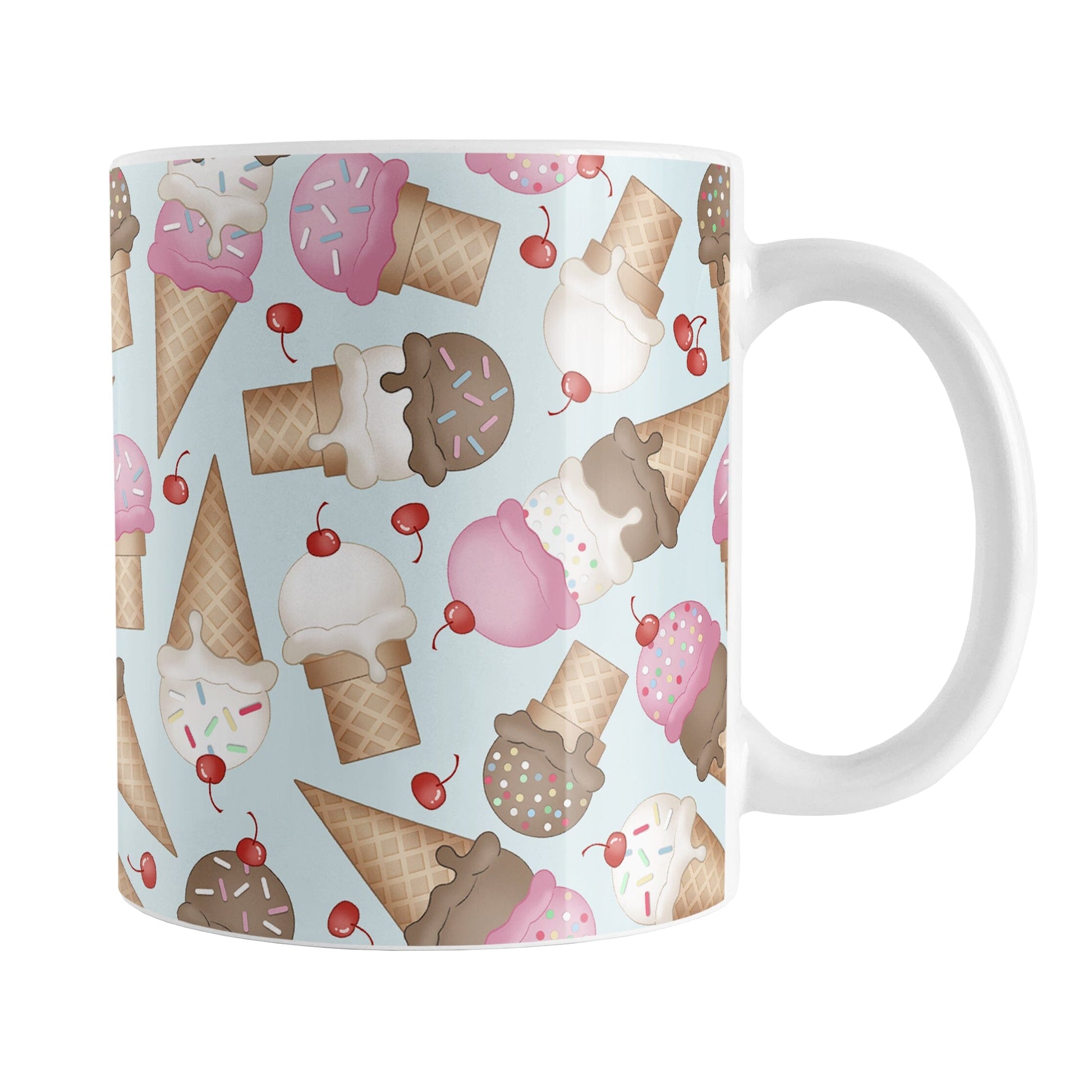 Ice Cream Cones Pattern Mug (11oz) at Amy's Coffee Mugs. A ceramic coffee mug printed with a design of hand-drawn ice cream cones with chocolate, strawberry, and vanilla scoops, with sprinkles and cherries, over a pale blue color, in a pattern that wraps around the mug to the handle.