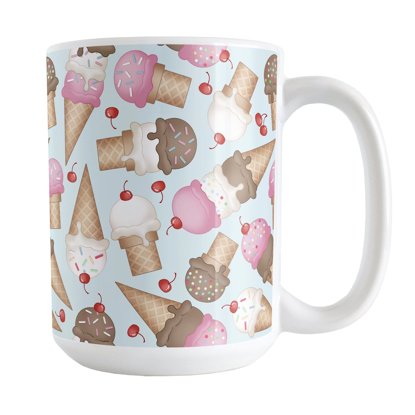 Ice Cream Cones Pattern Mug (15oz) at Amy's Coffee Mugs. A ceramic coffee mug printed with a design of hand-drawn ice cream cones with chocolate, strawberry, and vanilla scoops, with sprinkles and cherries, over a pale blue color, in a pattern that wraps around the mug to the handle.