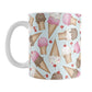 Ice Cream Cones Pattern Mug (11oz) at Amy's Coffee Mugs. A ceramic coffee mug printed with a design of hand-drawn ice cream cones with chocolate, strawberry, and vanilla scoops, with sprinkles and cherries, over a pale blue color, in a pattern that wraps around the mug to the handle.