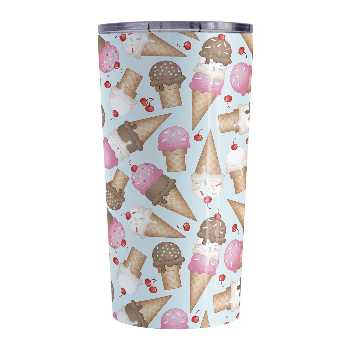 Ice Cream Cones Pattern Tumbler Cup (20oz) at Amy's Coffee Mugs. A stainless steel tumbler cup printed with a design of hand-drawn ice cream cones with chocolate, strawberry, and vanilla scoops, with sprinkles and cherries, over a pale blue color, in a pattern that wraps around the cup.
