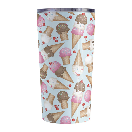 Ice Cream Cones Pattern Tumbler Cup (20oz) at Amy's Coffee Mugs. A stainless steel tumbler cup printed with a design of hand-drawn ice cream cones with chocolate, strawberry, and vanilla scoops, with sprinkles and cherries, over a pale blue color, in a pattern that wraps around the cup.