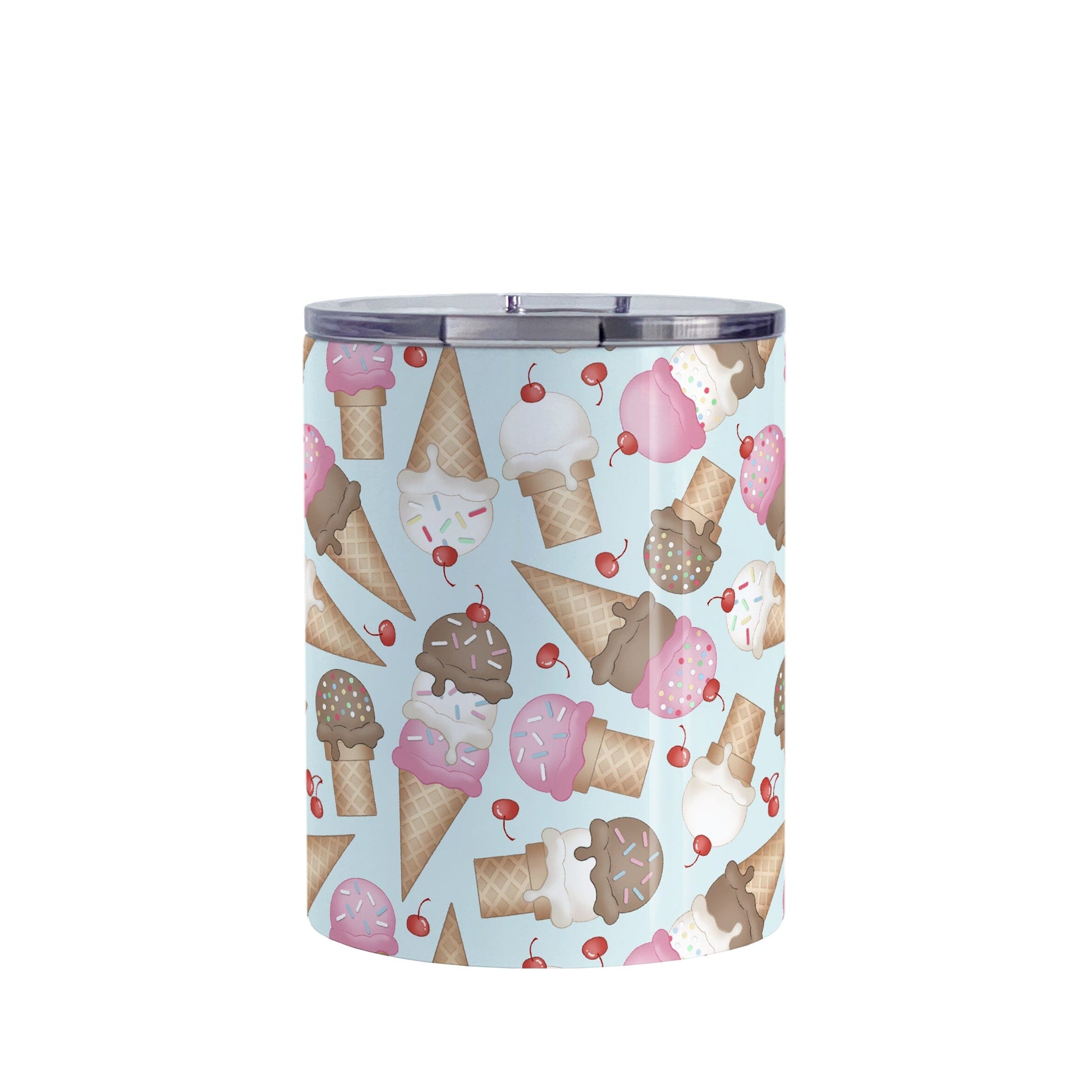 Ice Cream Cones Pattern Tumbler Cup (10oz) at Amy's Coffee Mugs. A stainless steel tumbler cup printed with a design of hand-drawn ice cream cones with chocolate, strawberry, and vanilla scoops, with sprinkles and cherries, over a pale blue color, in a pattern that wraps around the cup.